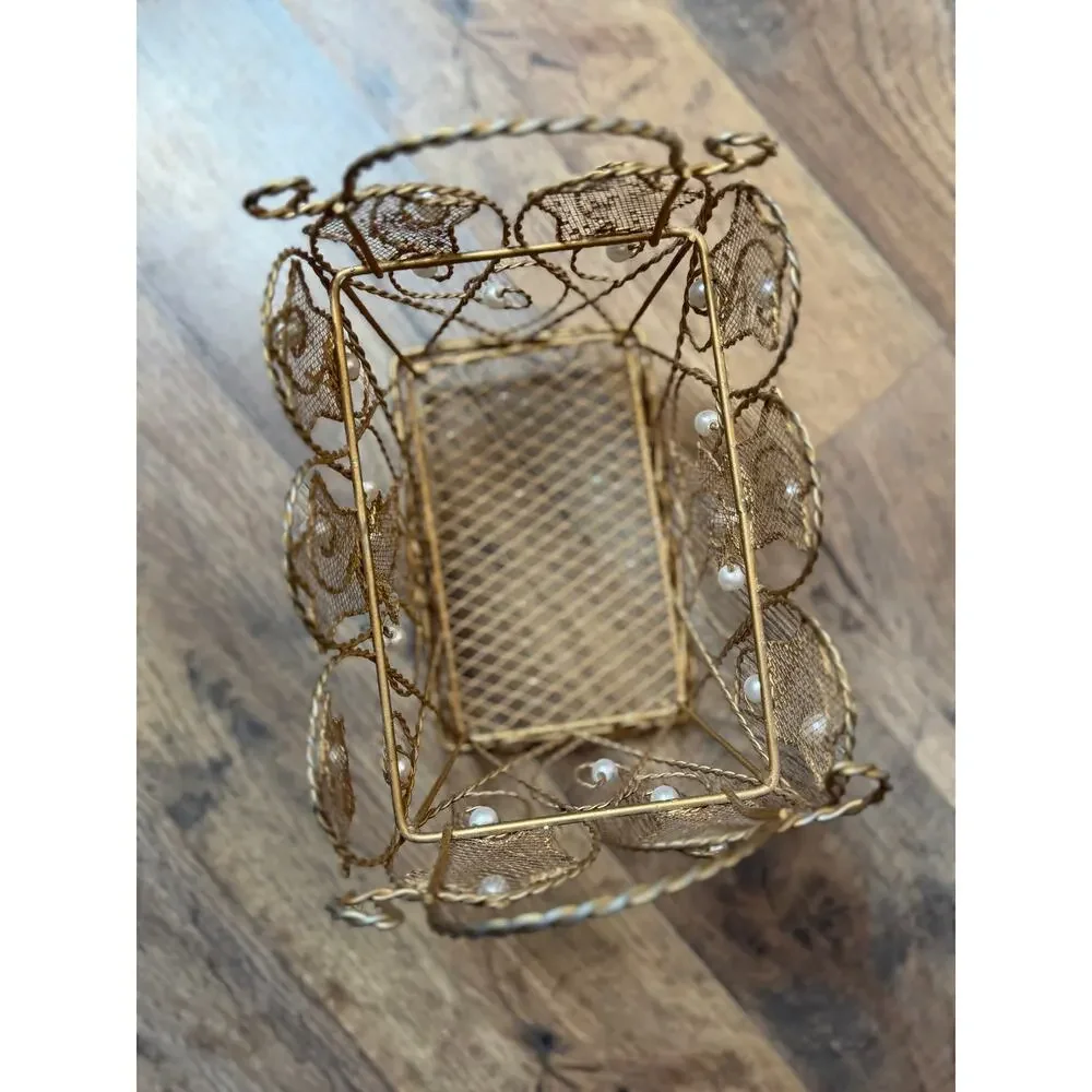 Vintage Gold Filigree Wire Basket Faux Pearl Vanity Jewelry Catchall Cottagecore